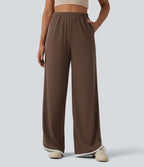 Pantalon large casual color block taille haute à ourlet arrondi avec poches