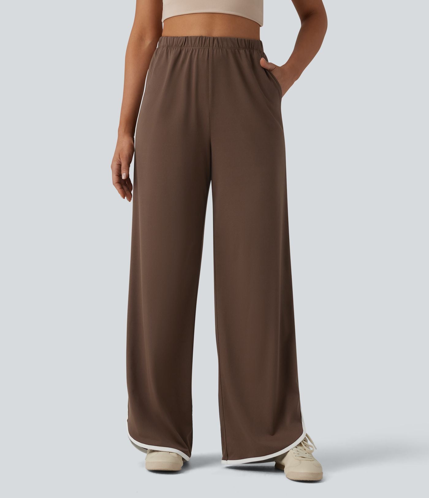 Pantalon large casual color block taille haute à ourlet arrondi avec poches