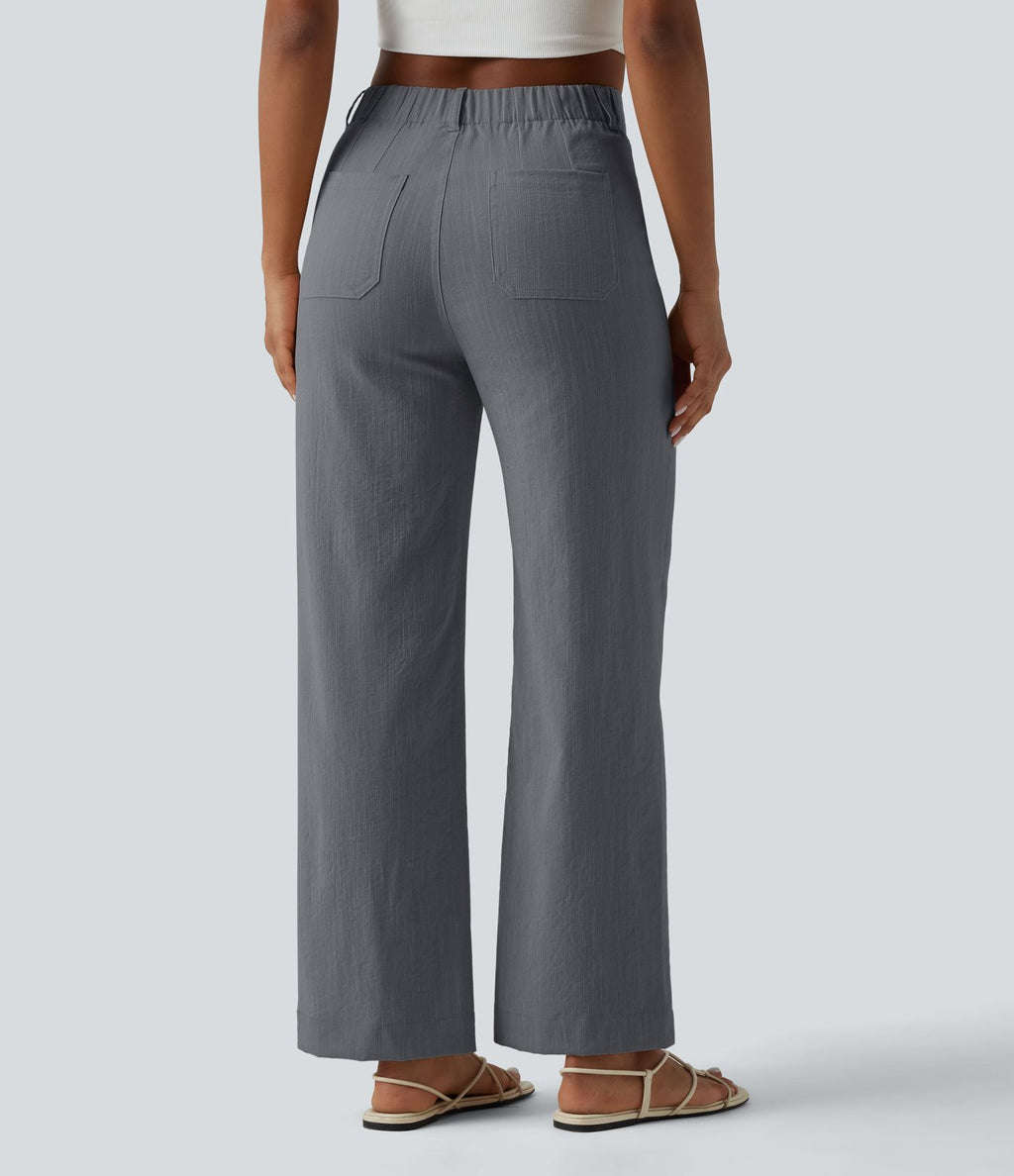 Pantalon taille haute coupe droite effet lin avec poches