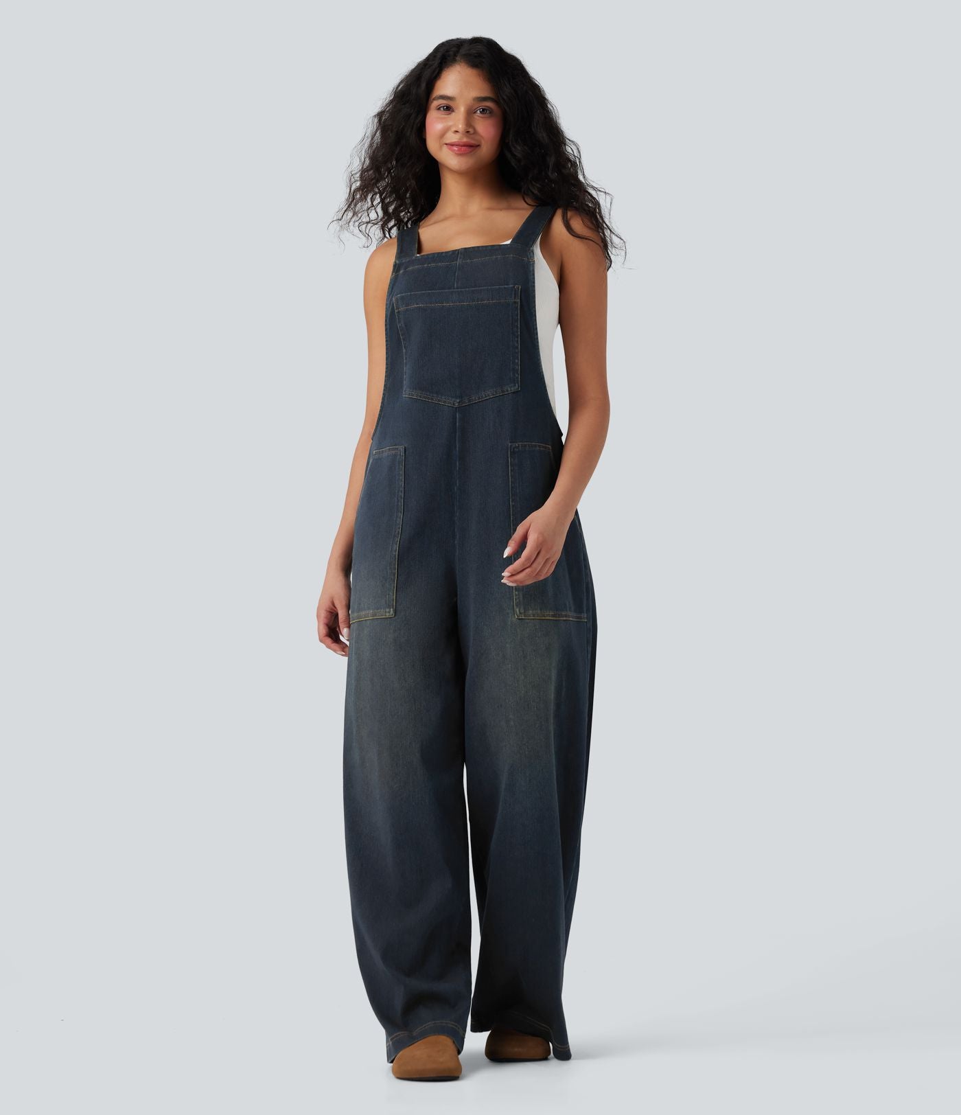 Salopette denim Halara Flex™ col carré effet délavé avec poches