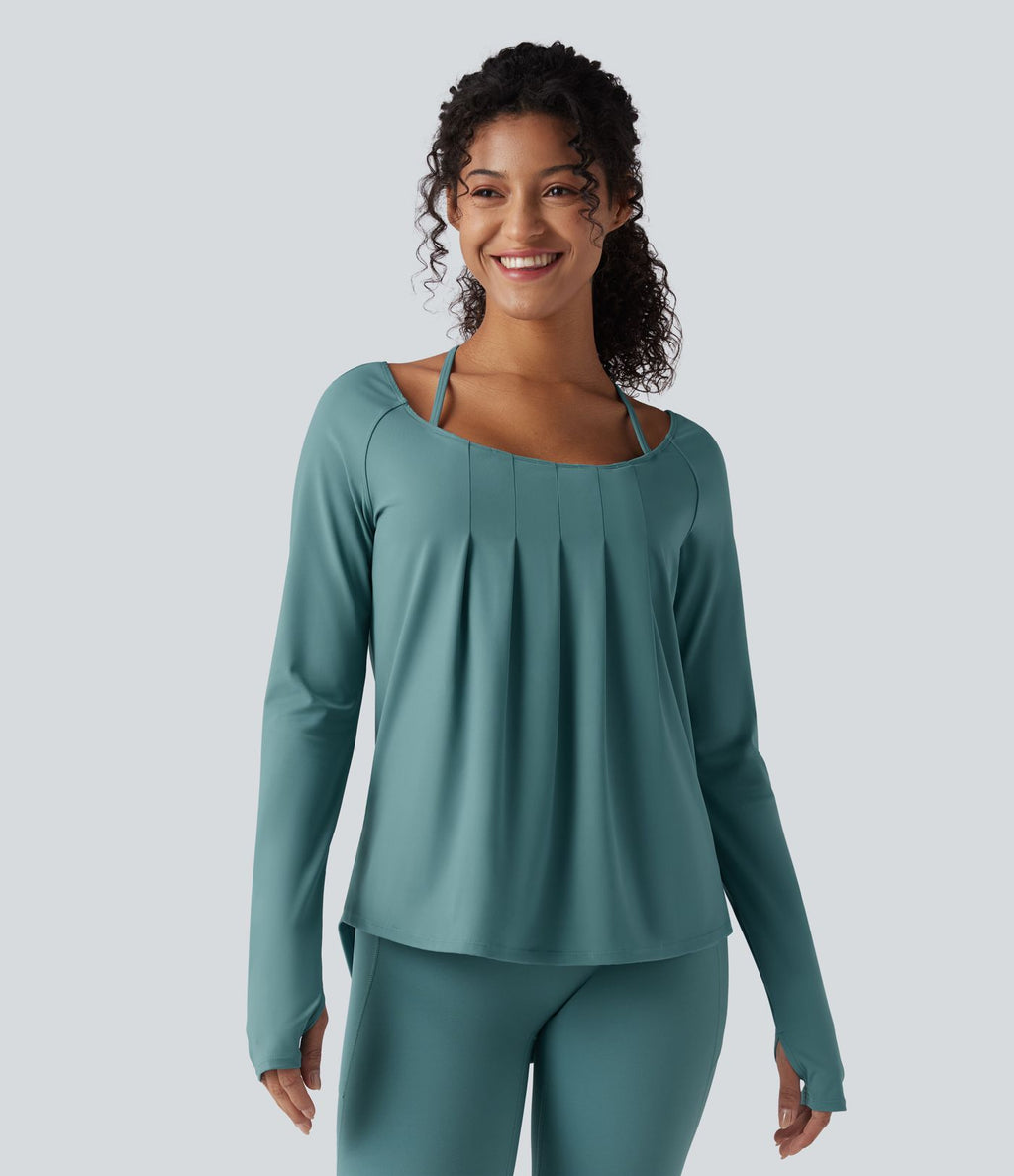 Top de sport yoga 2-en-1 SoftlyZero™ Airy dos nu croisé à manches longues avec passage de pouce, fronces et ourlet courbe - UPF50+