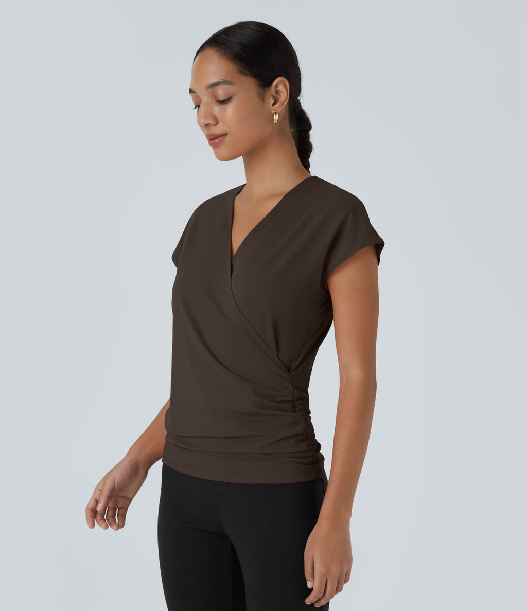 Blouse Travail Unie Froncée Croisée Manches Courtes Col en V