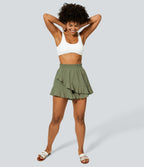 Short Évasés Casual à Taille Haute avec Volants Frisés et Effet Lin