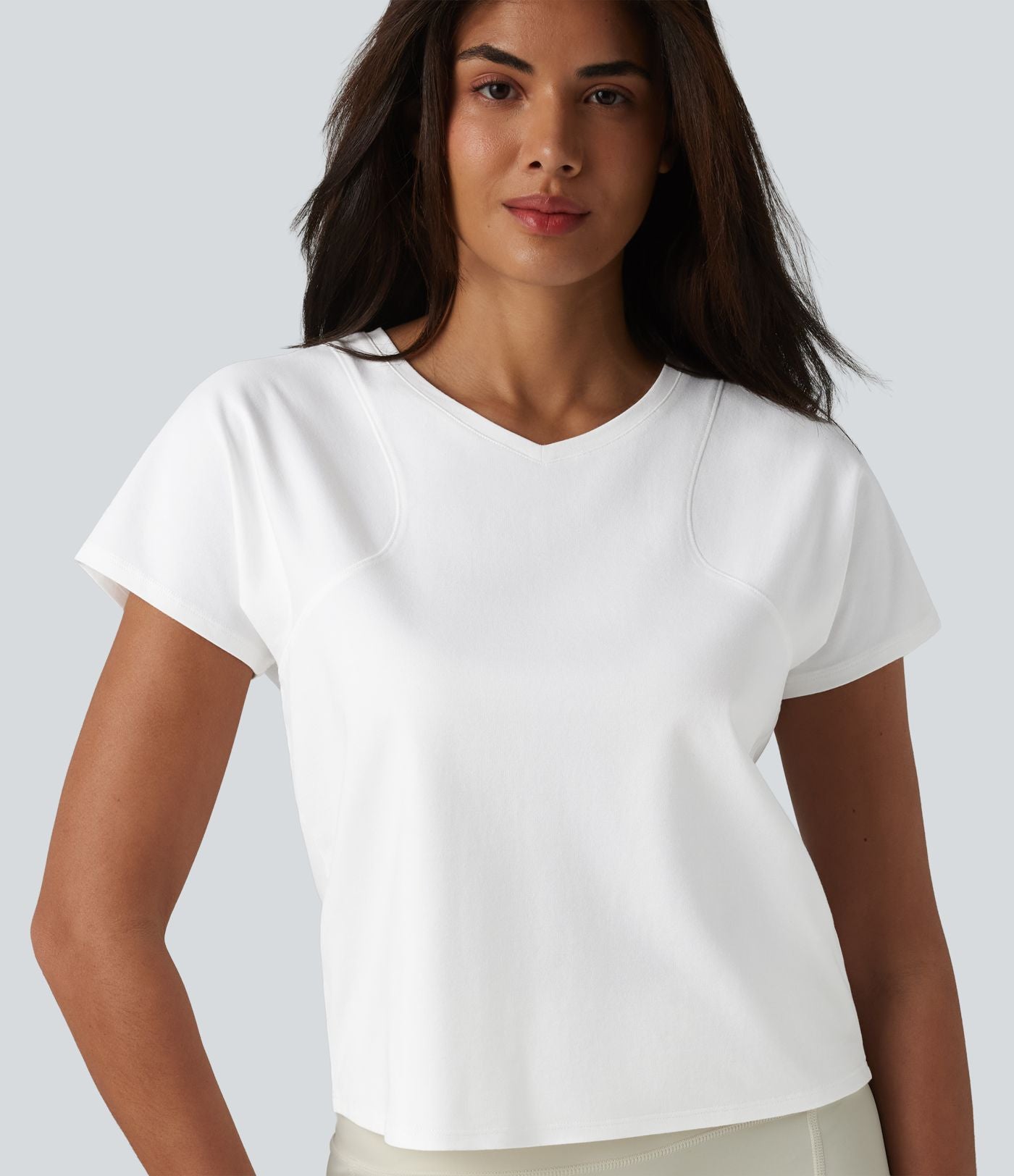Haut de sport décontracté en coton à manches courtes et col raglan, style yoga, coupe ample, col en V