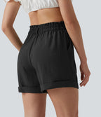 Short resort 12,5 cm taille haute effet lin avec ourlet roulotté et poches