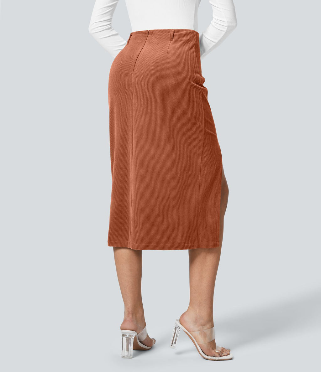 Jupe Casual en Velours Côtelé Mi-longue Taille Haute Fermeture Éclair Invisible et Fente fendue