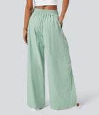 Pantalon Large Casual en Coton à l'Aspect Lin Taille Haute et Poches Latérales Boutonnées