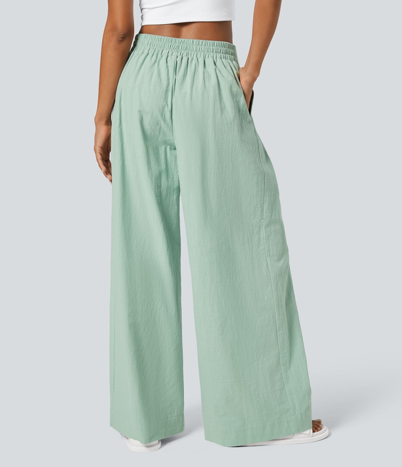 Pantalon Large Casual en Coton à l'Aspect Lin Taille Haute et Poches Latérales Boutonnées
