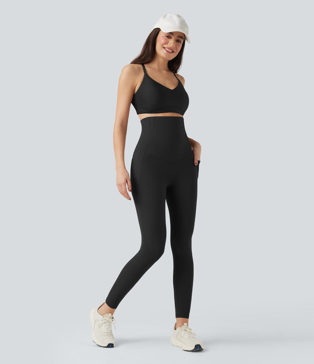 Pantalon large fluide décontracté gainant taille haute avec poches