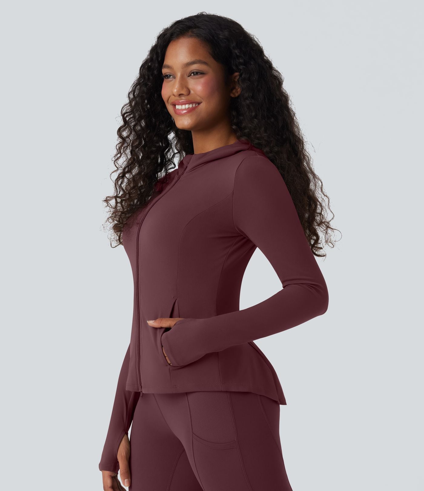 Veste SoftlyZero™ à capuche manches longues avec trous pouces détails plissés et poches-UPF50+