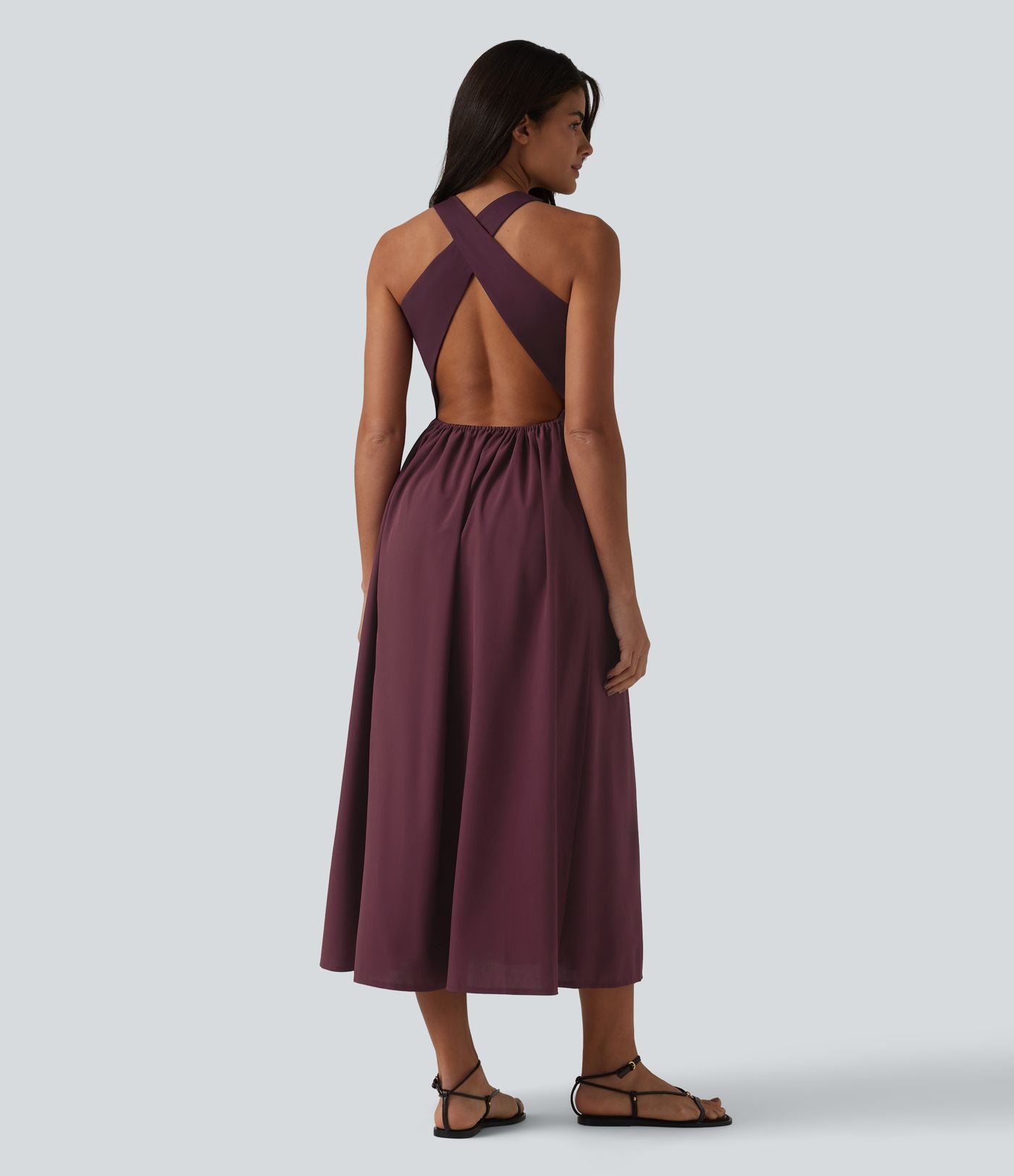 Robe casual mi-longue col U dos nu à bretelles croisées avec poches