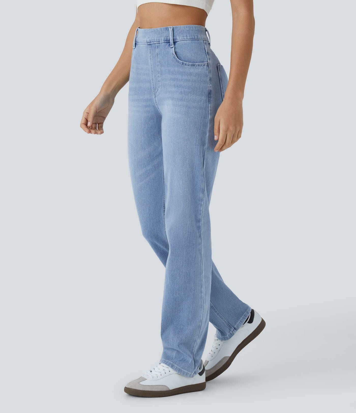 Jean droit slim Halara Flex™ taille haute avec multiples poches effet frais InstantCool en maille denim extensible délavée