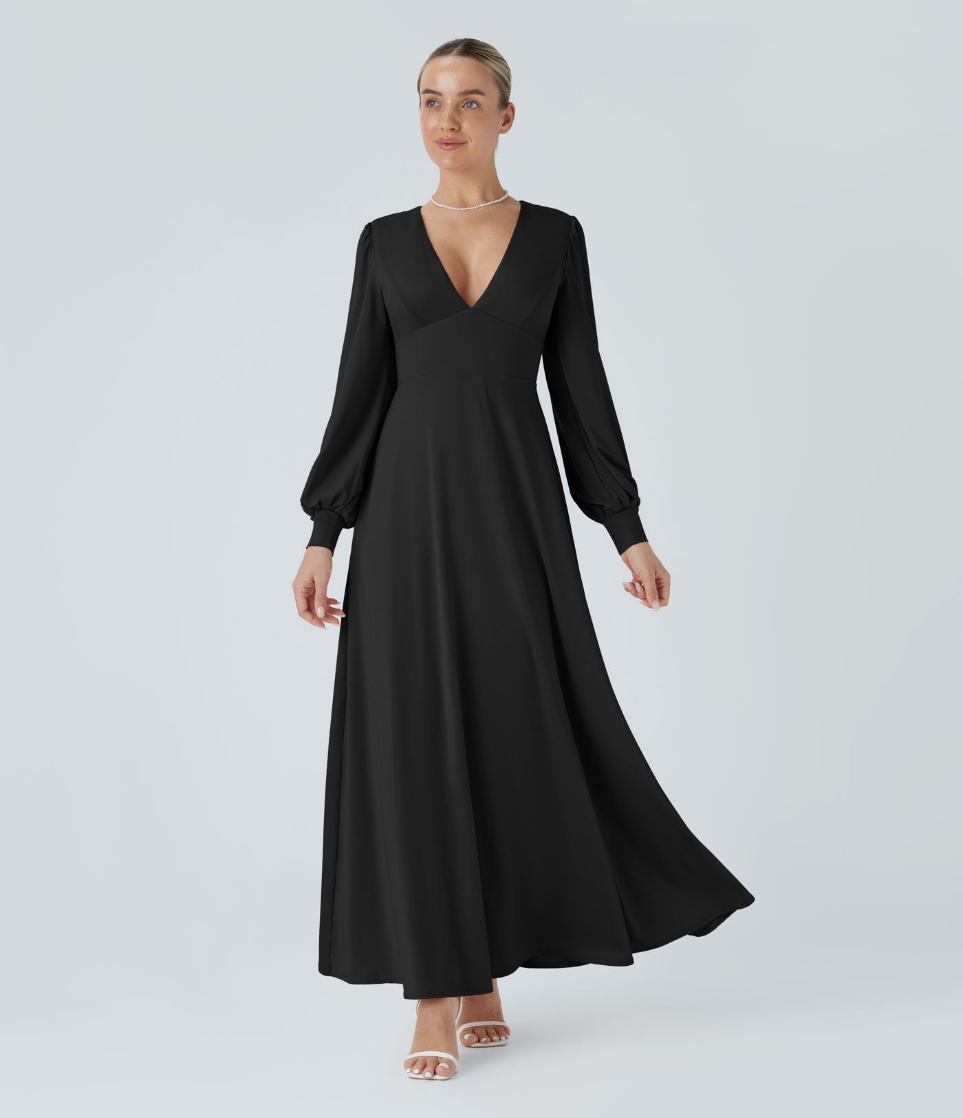 Robe longue de demoiselle d'honneur et invitée de mariage, col V, dos nu, liens à nouer, boutons et manches évasées