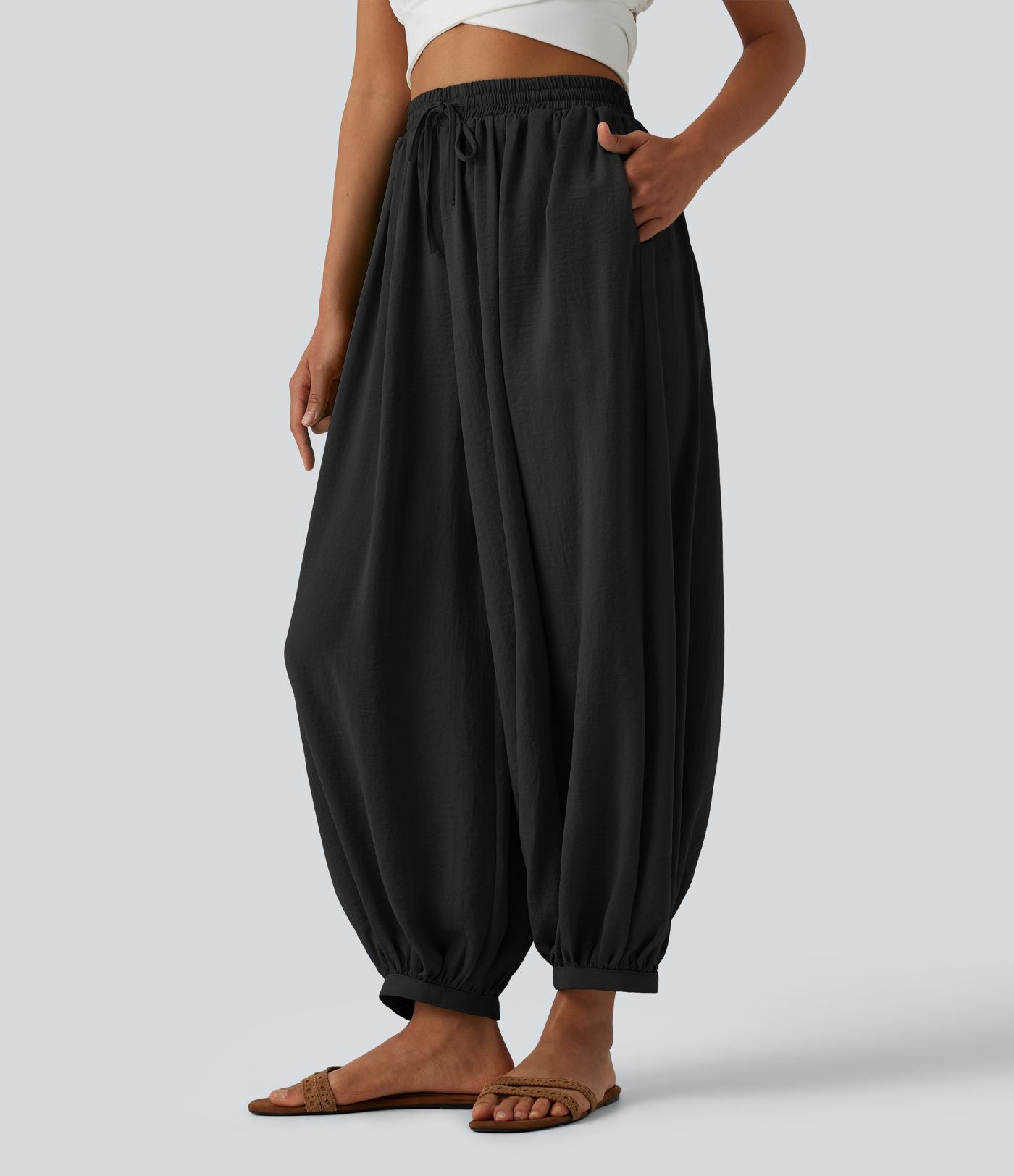 Pantalon ballon fluide resort taille haute effet lin avec cordon de serrage et poches