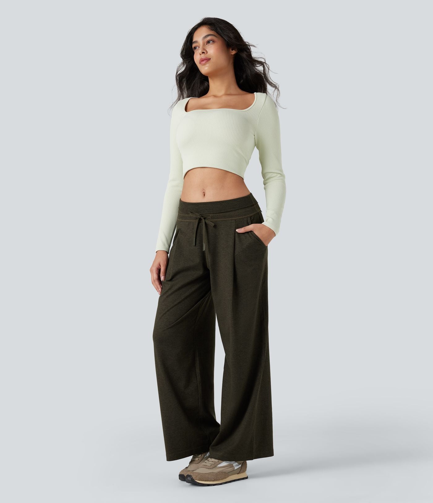 Pantalon jogging large thermique fluide chiné à rabat taille haute séchage rapide avec cordon de serrage et poches