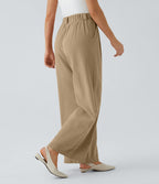 Pantalon Fluide Large Taille Haute Poches Latérales Palazzo Solide Casual Linen-Feel
