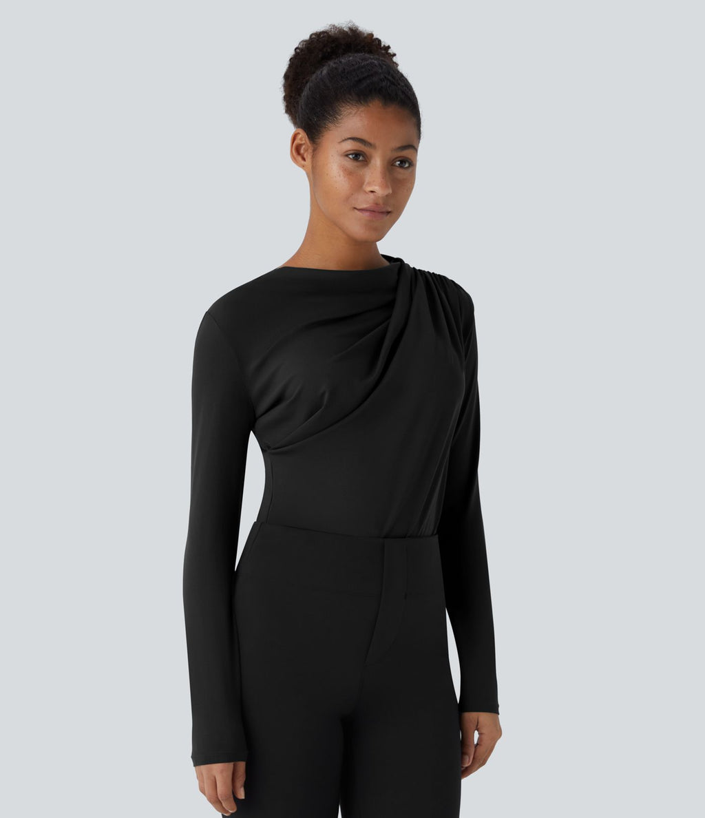Cowl Neck Ruched Long Sleeve Slim Work Top
