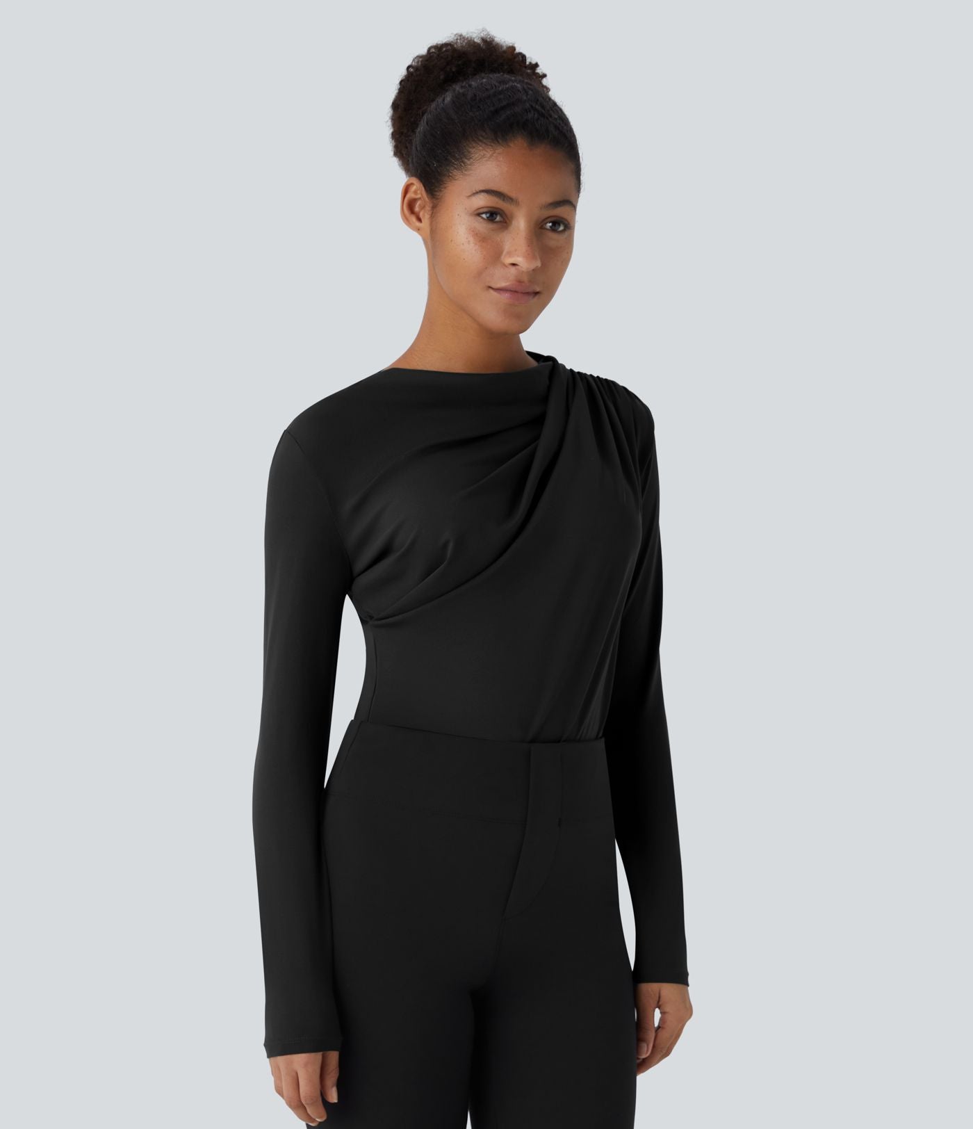 Cowl Neck Ruched Long Sleeve Slim Work Top