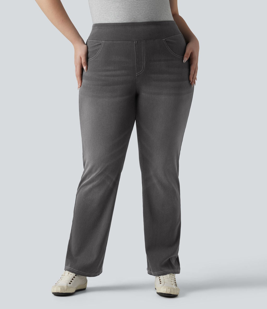 Jean décontracté Halara Flex™ grande taille bootcut taille haute en maille extensible délavée avec multiples poches
