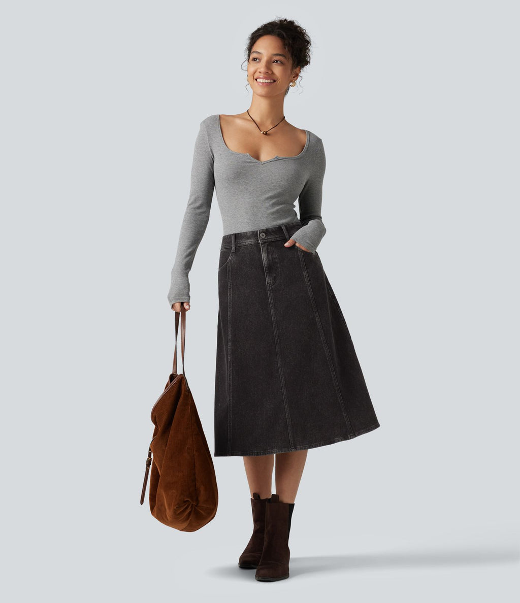 Jupe en jean midi casual Halara Flex™ taille mi-haute avec poches
