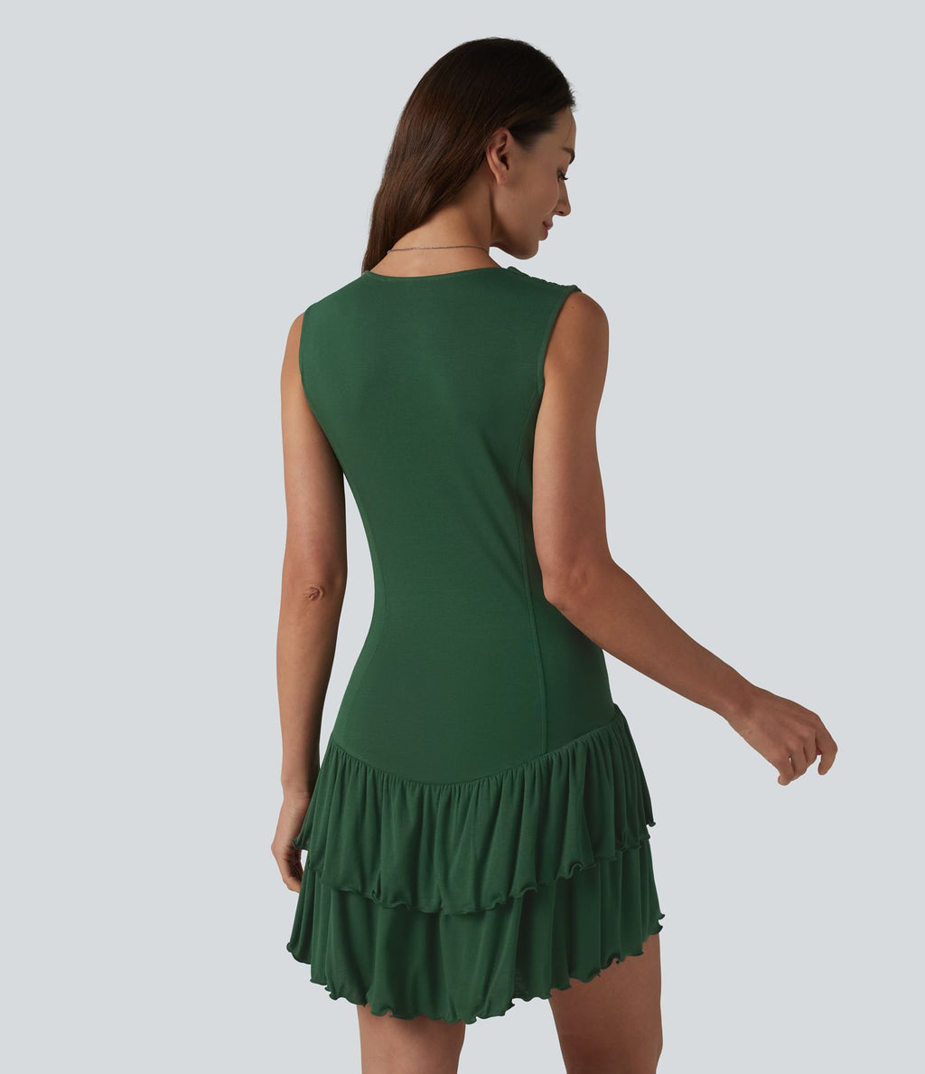 Robe mini en maille côtelée col V sans manches ourlet à volants superposés