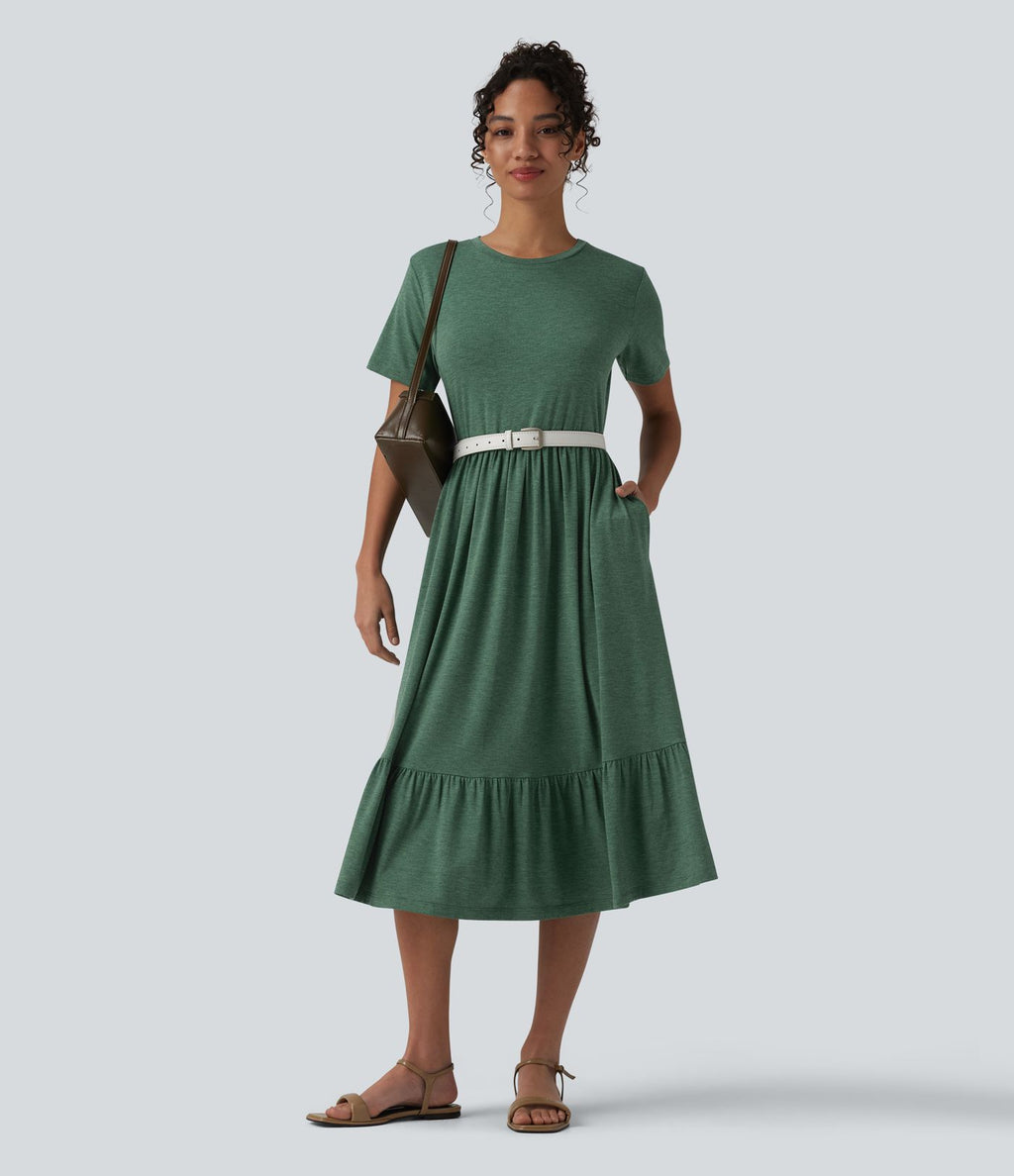 Robe midi casual chinée col rond à manches courtes, avec poches