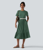 Robe midi casual chinée col rond à manches courtes, avec poches
