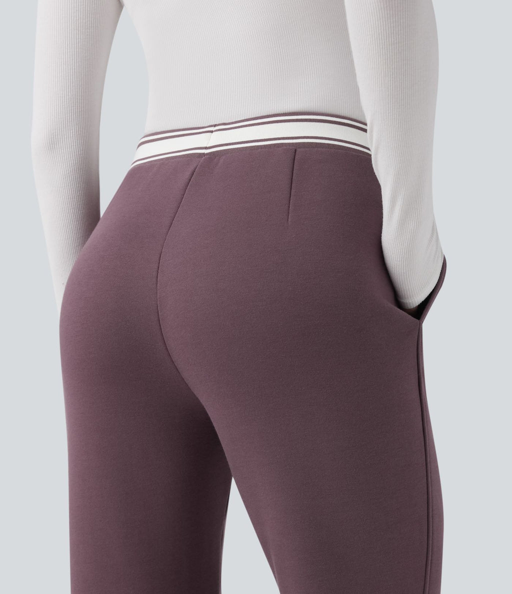 Pantalon jogging évasé molleton coton taille haute avec cordon de serrage, poches, empiècements contrastés et ourlet fend