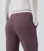 Pantalon jogging évasé molleton coton taille haute avec cordon de serrage, poches, empiècements contrastés et ourlet fend