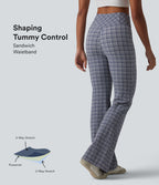 Pantalon évasé taille haute croisée ventre plat à carreaux en tissu froissé séchage rapide avec poches