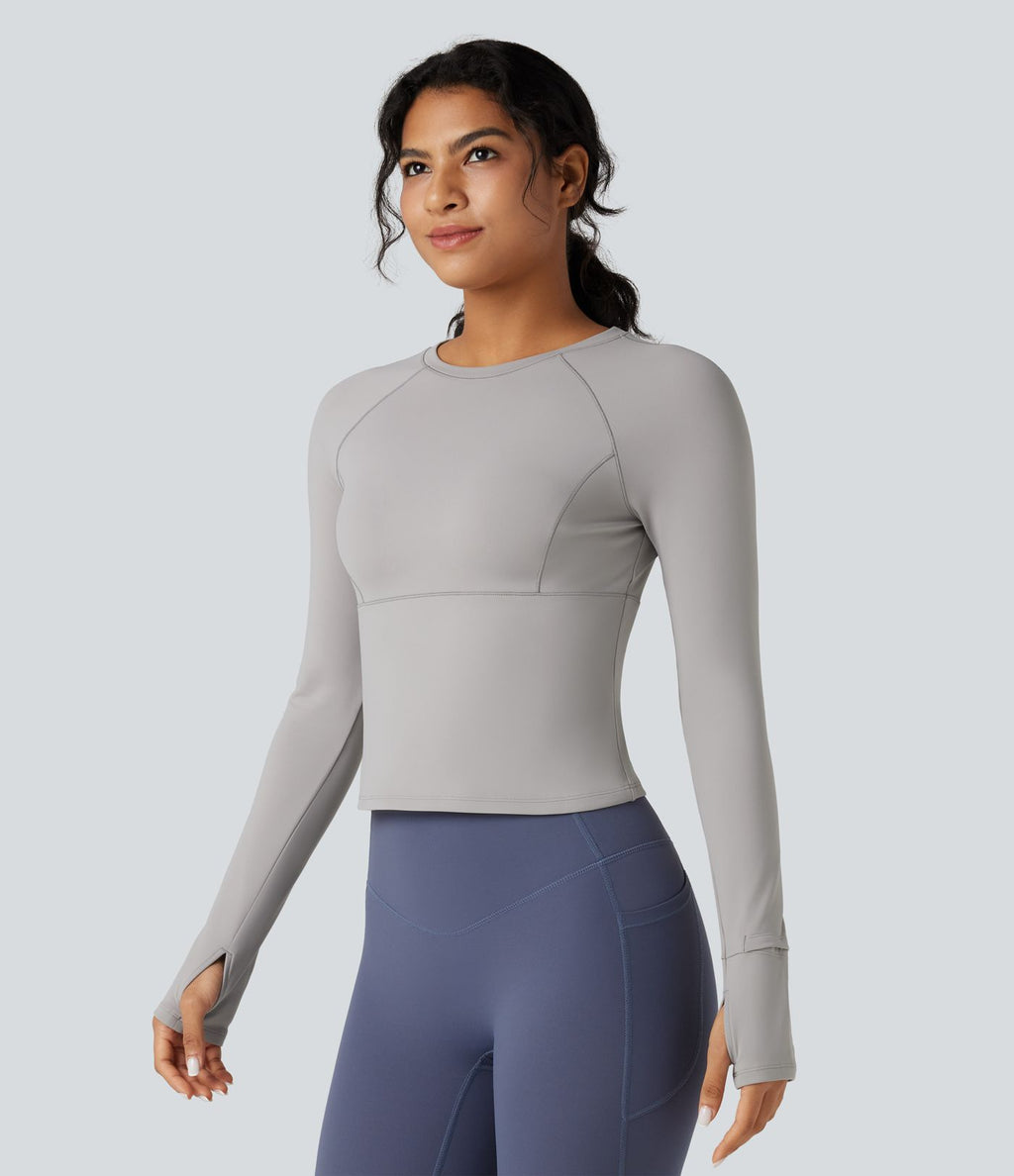 Top de sport yoga polaire col rond manches longues avec trous pouces