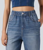 Pantalon de jogging taille haute en molleton French Terry imprimé jean avec poches