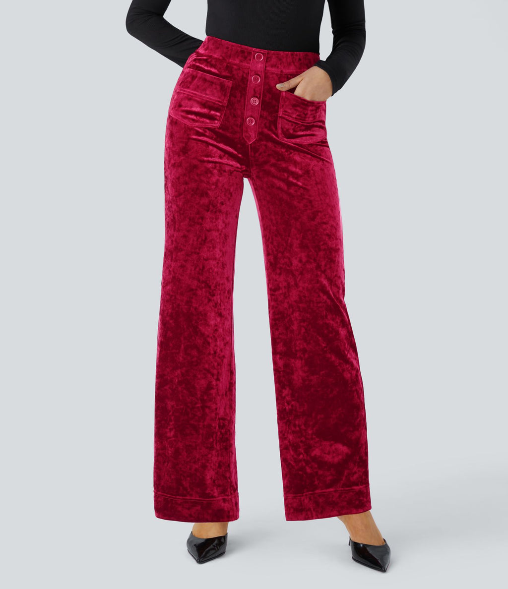 Pantalon Casual en Velours Taille Haute avec Bouton Multipoches Droites