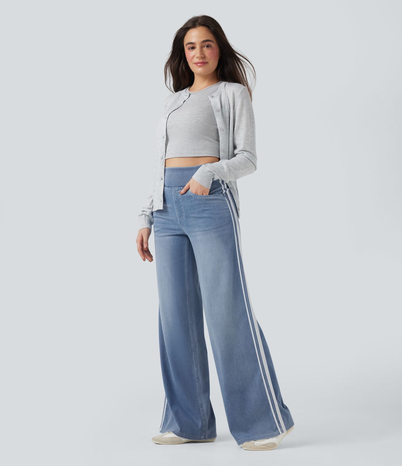Halara Flex™ Jean large fluide délavé taille haute à rayures avec poches