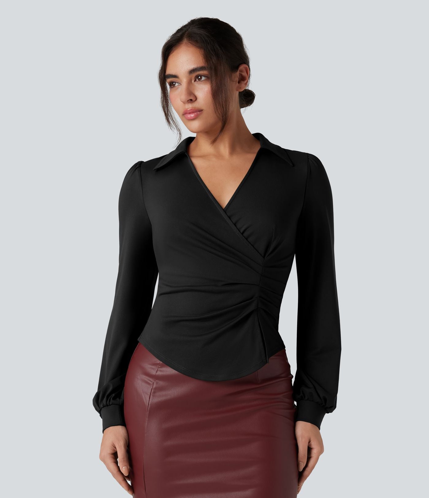 Chemise tailleur froncée asymétrique col V manches longues