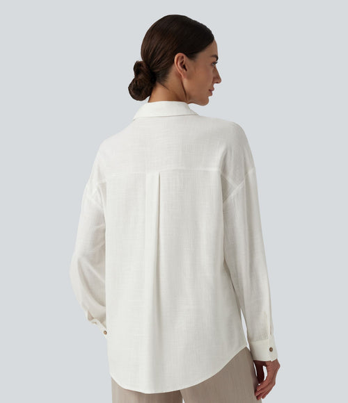 Chemise décontractée en lin col ourlet arrondi manches longues boutonnée avec poches
