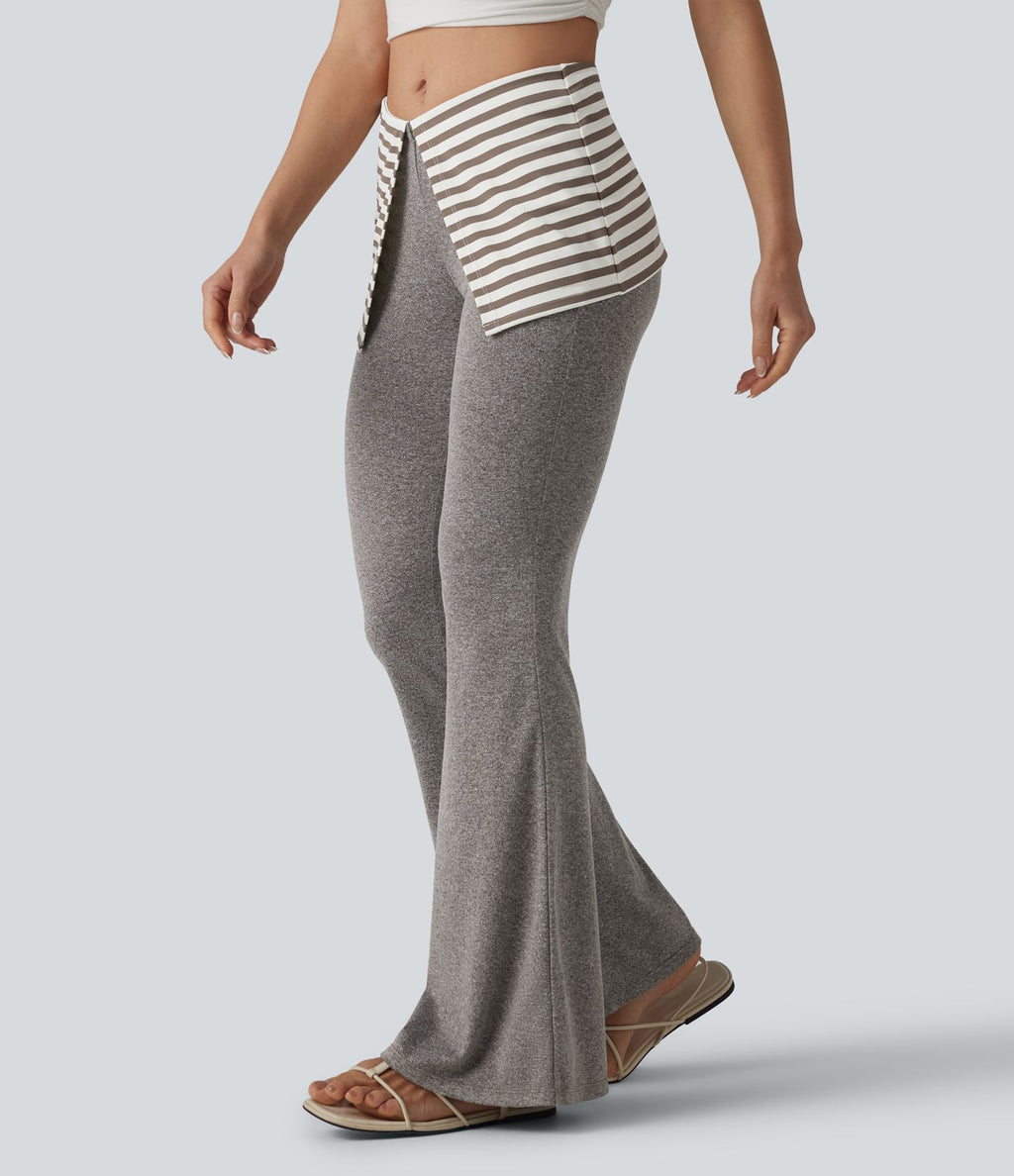 Pantalon évasé taille basse rabattable à rayures chiné