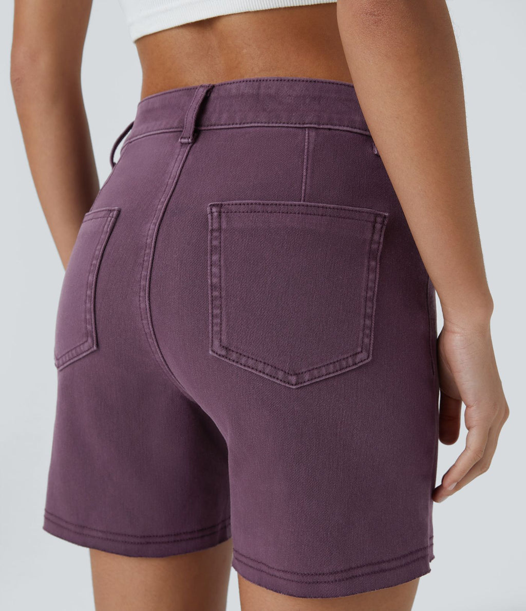 Halara Flex™ Short Casual 12,5cm en Denim Tricoté Extensible Coloré avec Bouton et Fermeture Éclair à Taille Moyenne et Plusieurs Poches