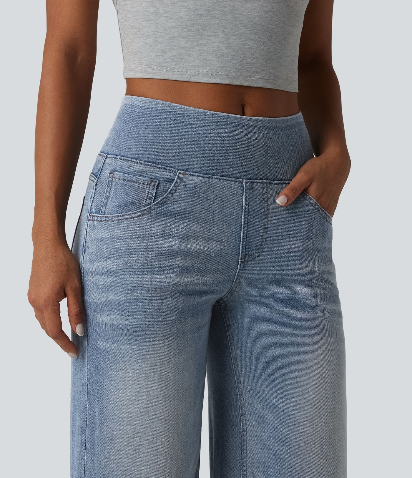 Halara Flex™ Jean large casual baggy taille mi-haute en lyocell drapé effet délavé, avec poches