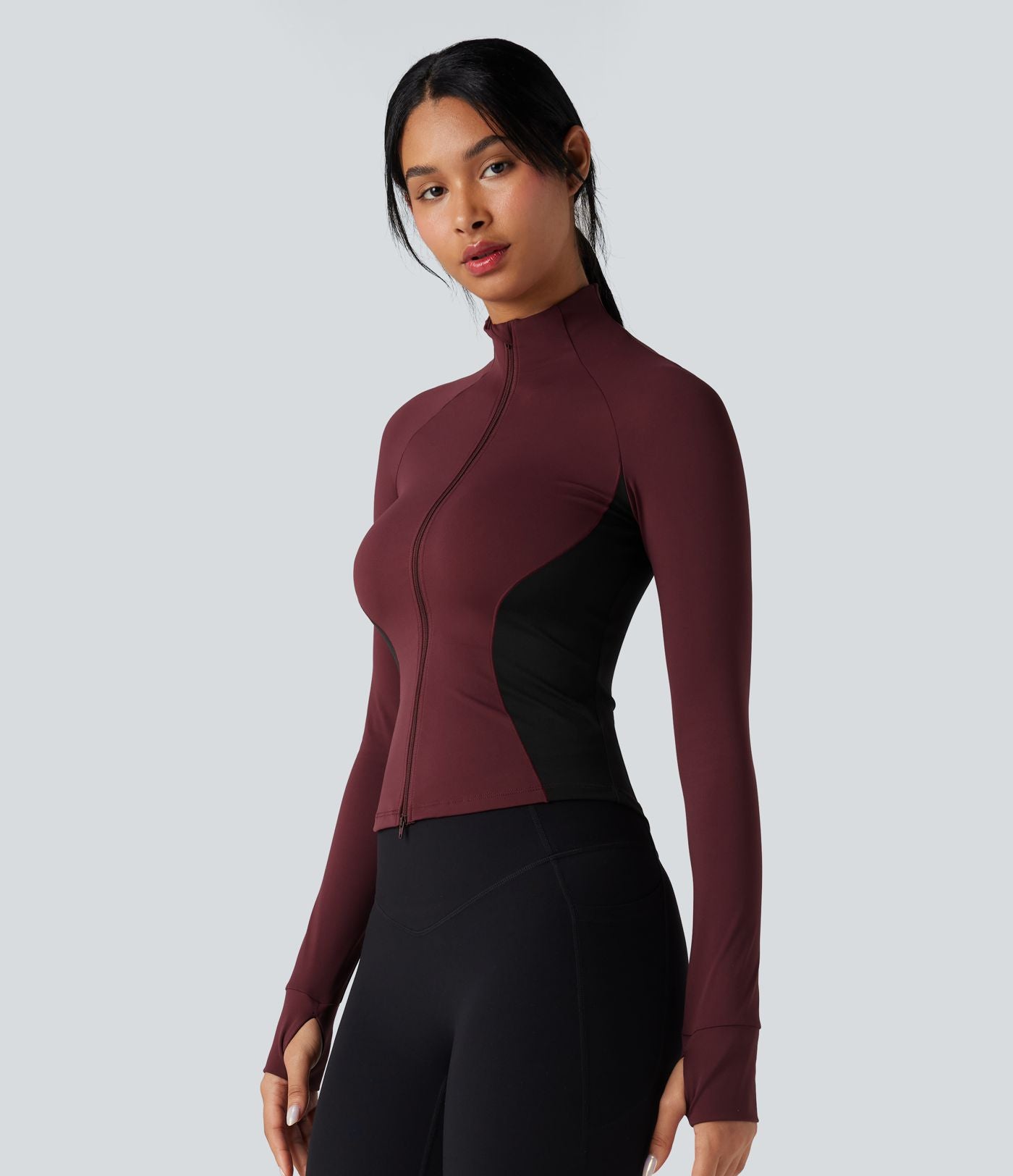 Veste yoga SoftlyZero™ Airy col montant manches longues passe-pouces color block effet frais InstantCool, protection solaire UPF50+