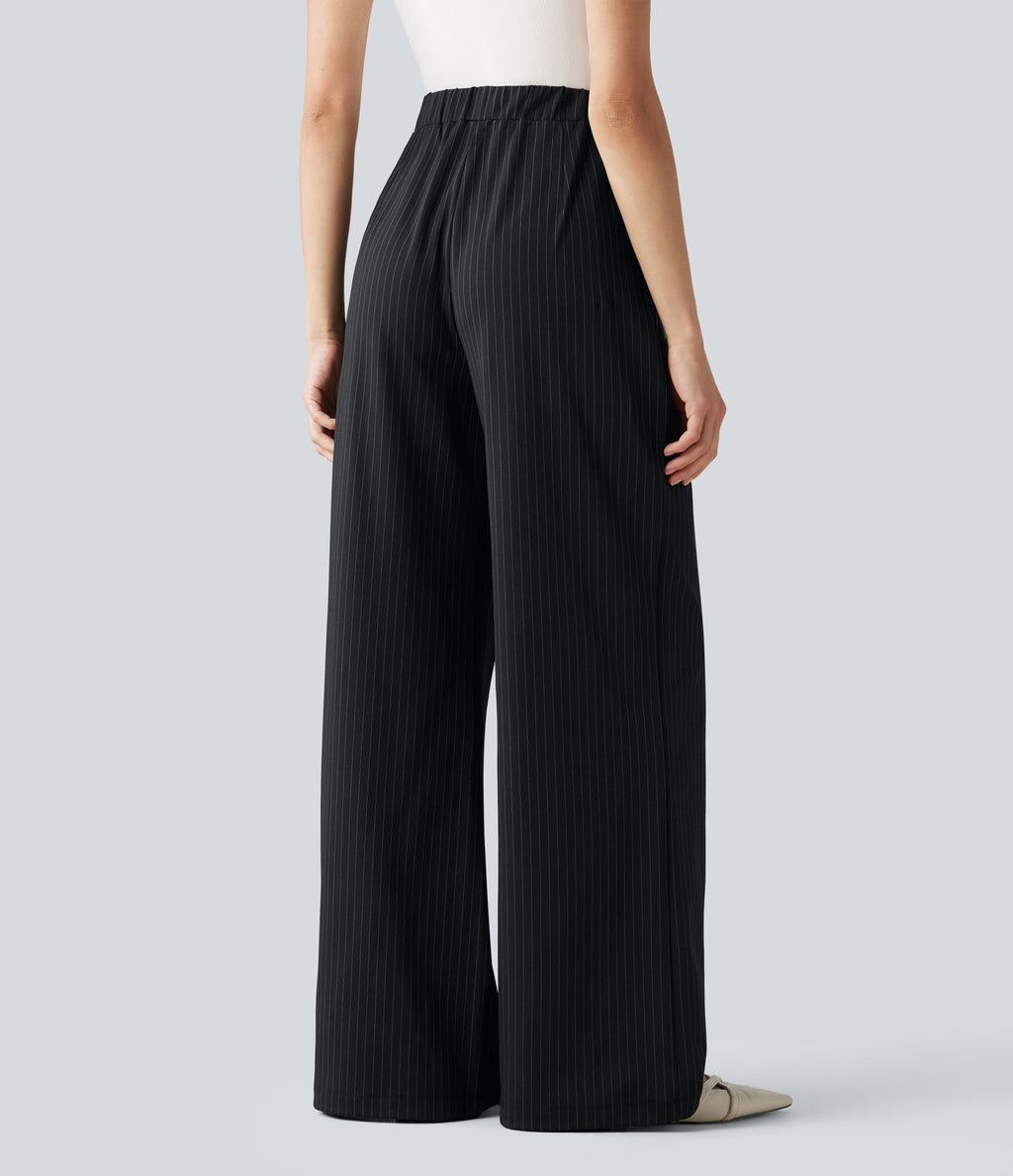 Pantalon tailleur large taille haute à rayures avec boutons décoratifs et poches
