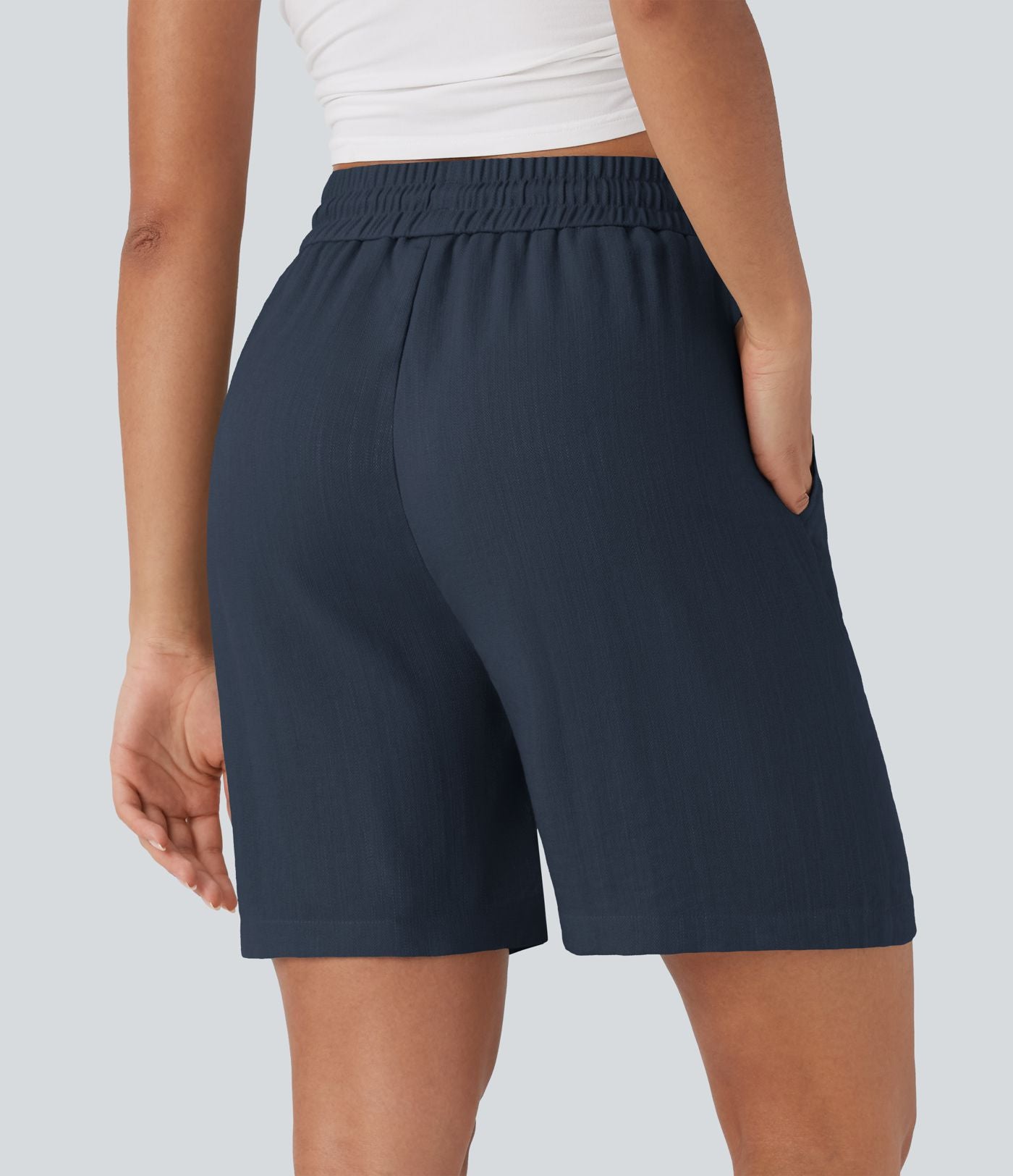 Short décontracté effet lin taille haute avec cordon de serrage et poches latérales