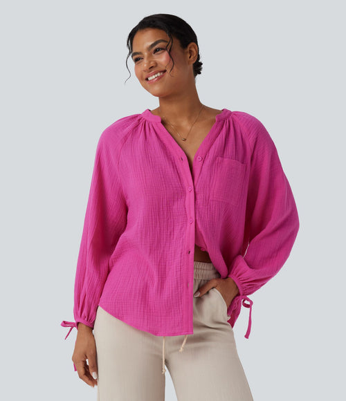Chemise décontractée coton col V manches longues avec laçage et poche
