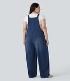 Salopette décontractée Halara Flex™ grande taille en maille denim extensible délavée col V avec poches