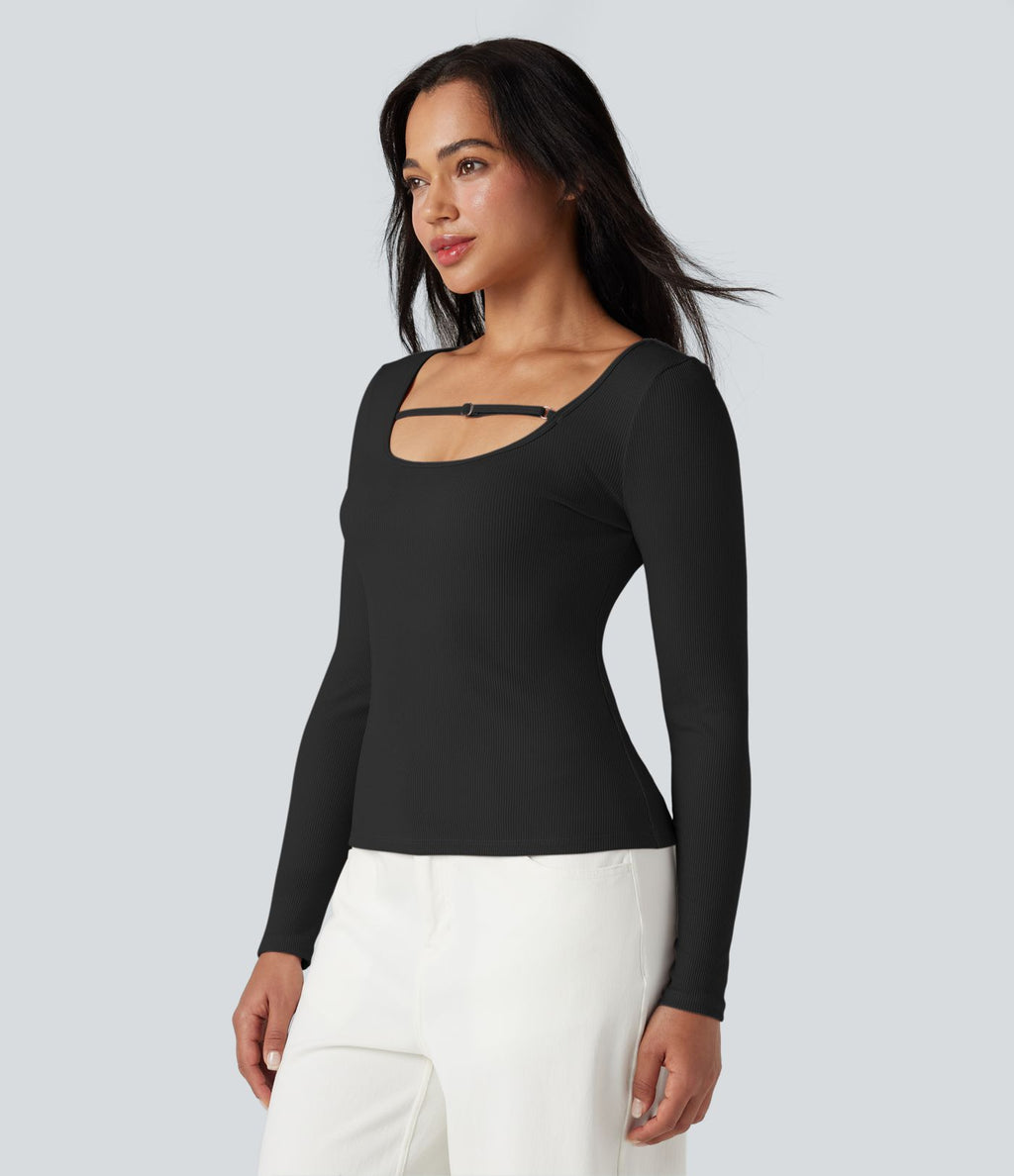 T-shirt côtelé col U manches longues