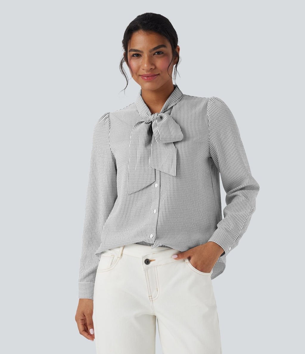 Chemise décontractée rayée à manches longues avec nœud devant