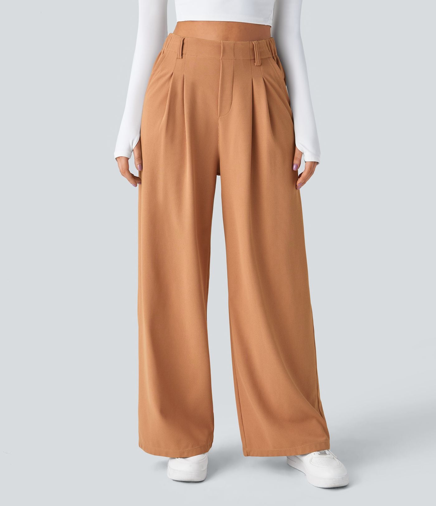 Halara Flex™ Pantalon Tailleur Large Fluide Gaufré Taille Haute Poches Latérales