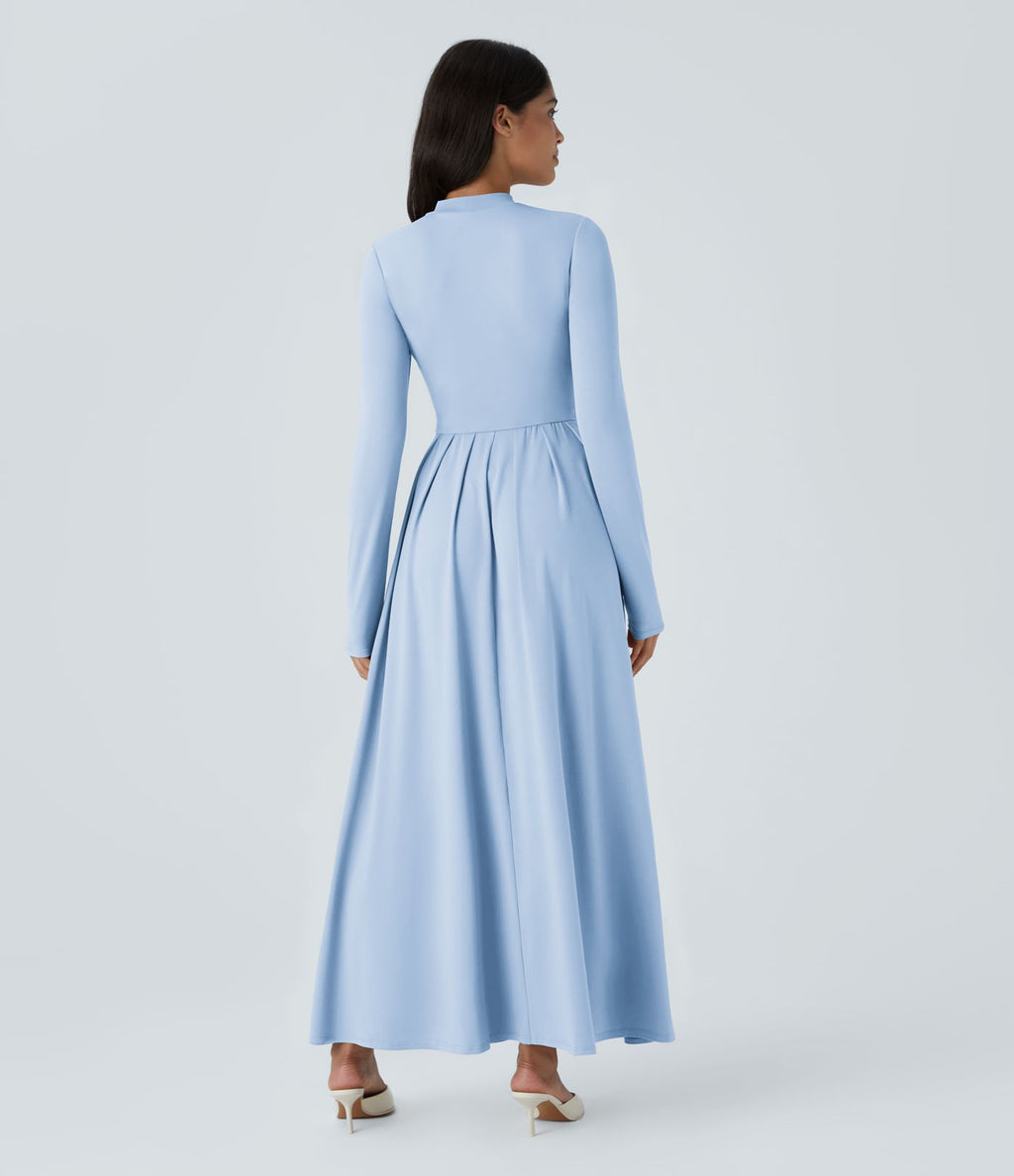 Robe longue décontractée à col montant, manches longues, plissée, avec poches latérales et coupe évasée
