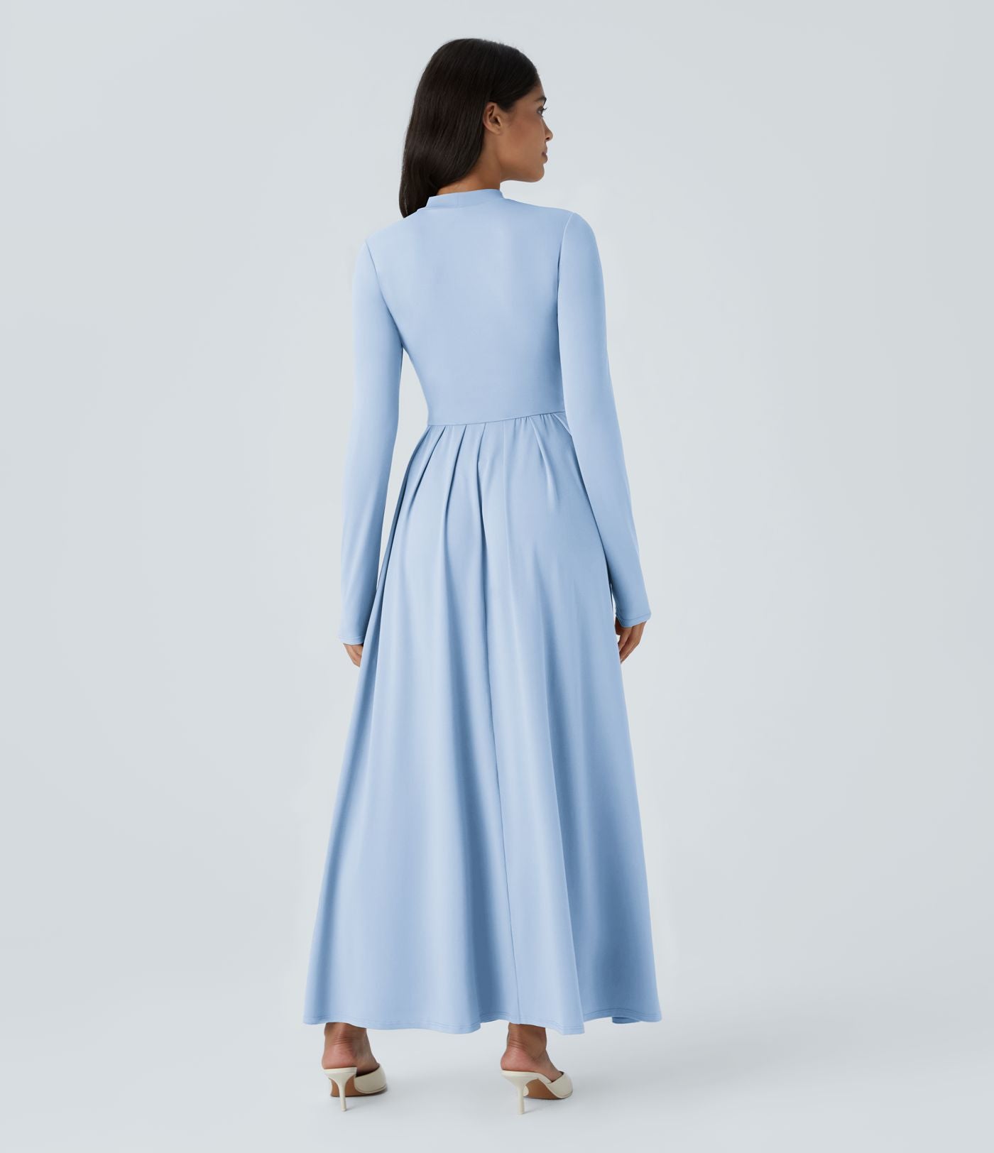 Robe longue décontractée à col montant, manches longues, plissée, avec poches latérales et coupe évasée