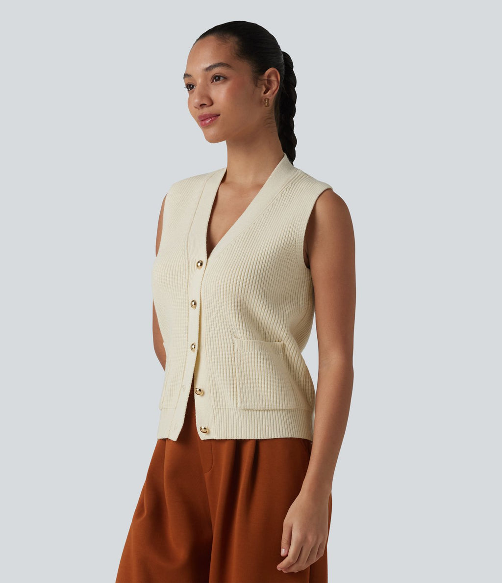 Gilet casual en maille col V boutonné, avec poches